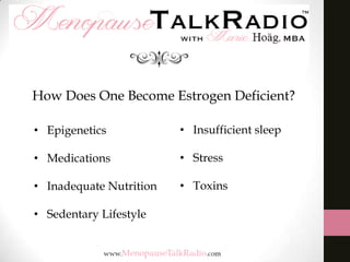 How Does One Become Estrogen Deficient?
• Epigenetics

• Insufficient sleep

• Medications

• Stress

• Inadequate Nutrition

• Toxins

• Sedentary Lifestyle

 