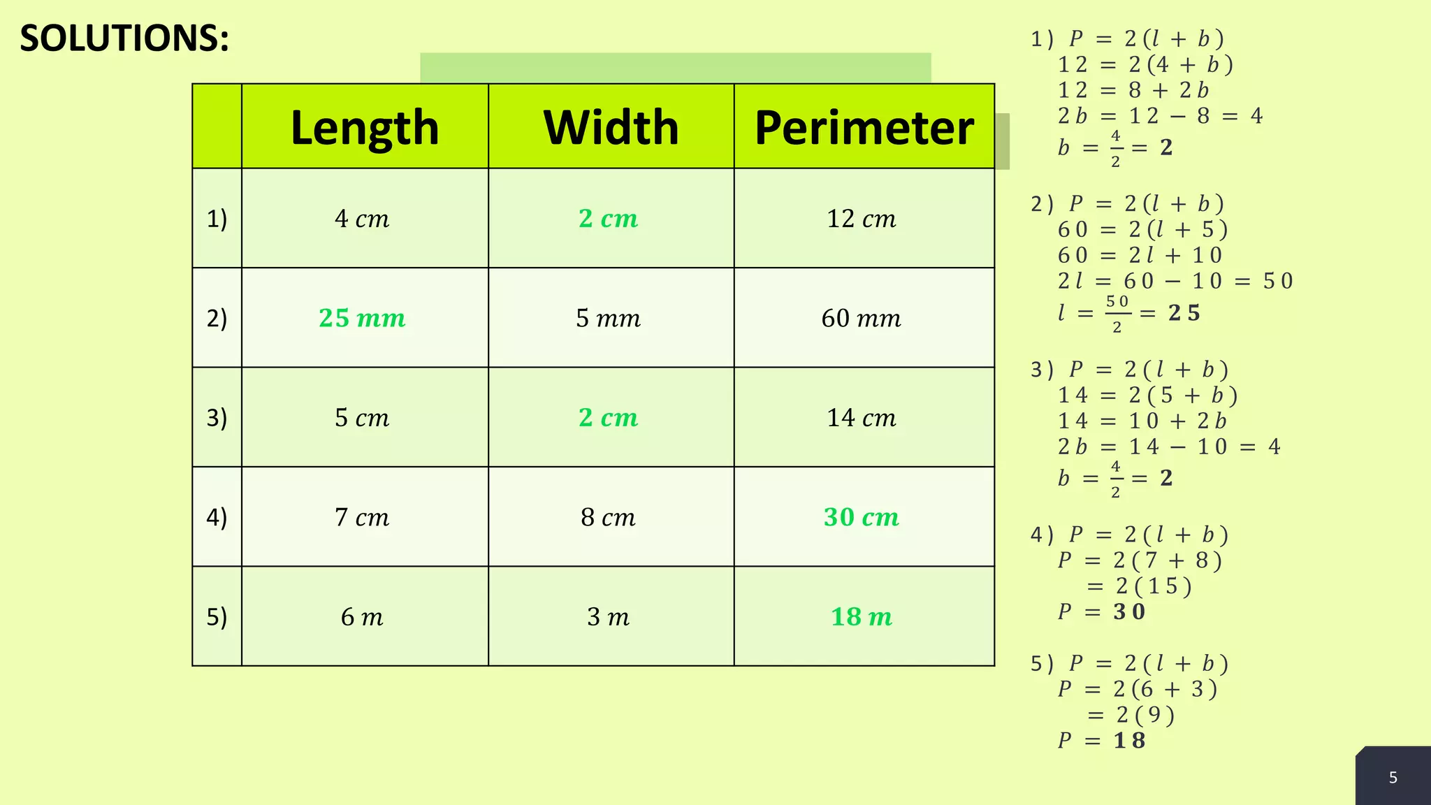 1 ) 𝑃 = 2 𝑙 + 𝑏
1 2 = 2 4 + 𝑏
1 2 = 8 + 2 𝑏
2 𝑏 = 1 2 − 8 = 4
𝑏 =
4
2
= 𝟐
2 ) 𝑃 = 2 𝑙 + 𝑏
6 0 = 2 𝑙 + 5
6 0 = 2 𝑙 + 1 0
2 𝑙 = 6 0 − 1 0 = 5 0
𝑙 =
5 0
2
= 𝟐 𝟓
3 ) 𝑃 = 2 ( 𝑙 + 𝑏 )
1 4 = 2 ( 5 + 𝑏 )
1 4 = 1 0 + 2 𝑏
2 𝑏 = 1 4 − 1 0 = 4
𝑏 =
4
2
= 𝟐
4 ) 𝑃 = 2 ( 𝑙 + 𝑏 )
𝑃 = 2 ( 7 + 8 )
= 2 ( 1 5 )
𝑃 = 𝟑 𝟎
5 ) 𝑃 = 2 ( 𝑙 + 𝑏 )
𝑃 = 2 6 + 3
= 2 ( 9 )
𝑃 = 𝟏 𝟖
5
Length Width Perimeter
1) 4 𝑐𝑚 𝟐 𝒄𝒎 12 𝑐𝑚
2) 𝟐𝟓 𝒎𝒎 5 𝑚𝑚 60 𝑚𝑚
3) 5 𝑐𝑚 𝟐 𝒄𝒎 14 𝑐𝑚
4) 7 𝑐𝑚 8 𝑐𝑚 𝟑𝟎 𝒄𝒎
5) 6 𝑚 3 𝑚 𝟏𝟖 𝒎
SOLUTIONS:
 