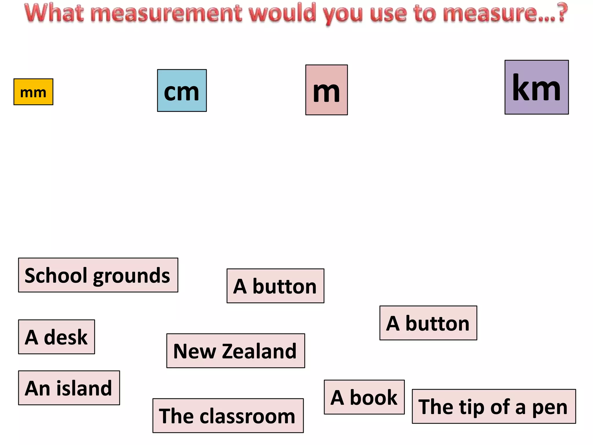 mm

School grounds
A desk

km

m

cm

A button
A button

New Zealand

An island
The classroom

A book The tip of a pen

 