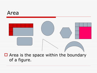 Area Area is the space within the boundary of a figure. 