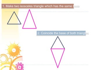 1. Make two isosceles triangle which has the same base
2. Coincide the base of both triangles
 