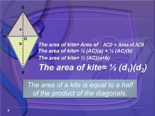 The area of kite= Area of ACD + Area of ACB
The area of kite= ½ (AC)(a) + ½ (AC)(b)
The area of kite= ½ (AC)(a+b)
The area of kite= ½ (d1)(d2)
a
b
C
D
A
B
O
The area of a kite is equal to a half
of the product of the diagonals.
 