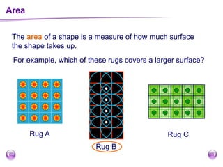 The area of a shape is a measure of how much surface
the shape takes up.
Area
For example, which of these rugs covers a larger surface?
Rug A
Rug B
Rug C
 