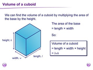 Volume of a cuboid
We can find the volume of a cuboid by multiplying the area of
the base by the height.
Volume of a cuboid
= length × width × height
= lwh
height, h
length, l
width, w
The area of the base
= length × width
So:
 