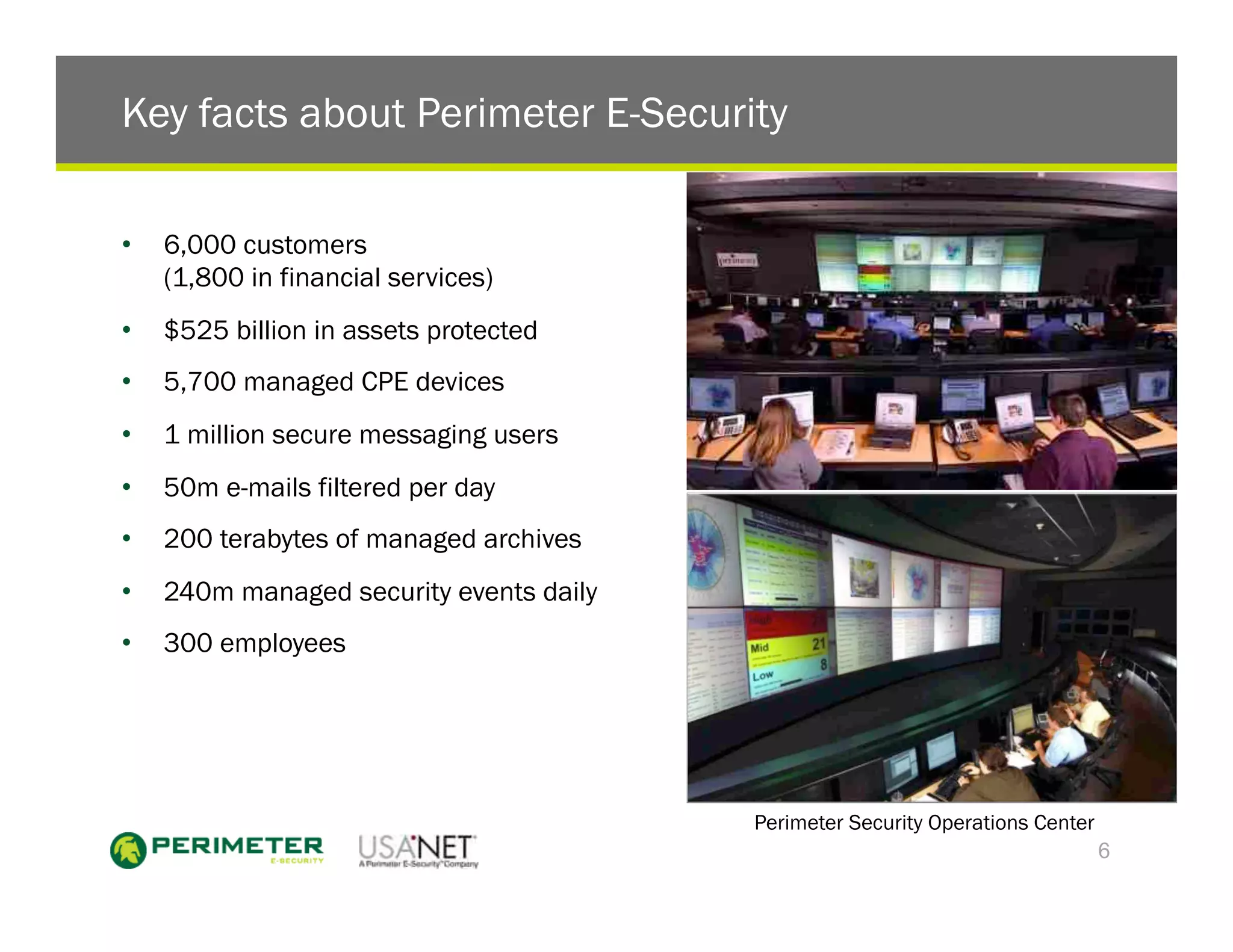 Key facts about Perimeter E-Security

•    6,000 customers
     (1,800 in financial services)
•    $525 billion in assets protected
•    5,700 managed CPE devices
•    1 million secure messaging users
•    50m e-mails filtered per day
•    200 terabytes of managed archives
•    240m managed security events daily
•    300 employees




                                          Perimeter Security Operations Center
                                                                                 6
 