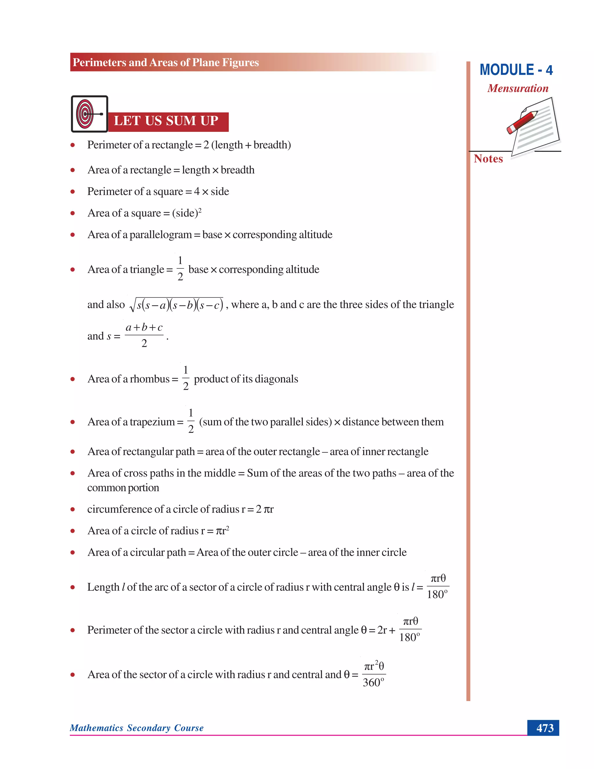 Mathematics Secondary Course 473
Notes
Perimeters and Areas of Plane Figures
MODULE - 4
Mensuration
LET US SUM UP
• Perimeter of a rectangle = 2 (length + breadth)
• Area of a rectangle = length × breadth
• Perimeter of a square = 4 × side
• Area of a square = (side)2
• Area of a parallelogram = base × corresponding altitude
• Area of a triangle =
2
1
base × corresponding altitude
and also ( )( )( )csbsass −−− , where a, b and c are the three sides of the triangle
and s =
2
cba ++
.
• Area of a rhombus =
2
1
product of its diagonals
• Area of a trapezium =
2
1
(sum of the two parallel sides) × distance between them
• Area of rectangular path = area of the outer rectangle – area of inner rectangle
• Area of cross paths in the middle = Sum of the areas of the two paths – area of the
commonportion
• circumference of a circle of radius r = 2 πr
• Area of a circle of radius r = πr2
• Area of a circular path =Area of the outer circle – area of the inner circle
• Length l of the arc of a sector of a circle of radius r with central angle θ is l = o
180
πrθ
• Perimeter of the sector a circle with radius r and central angle θ = 2r + o
180
πrθ
• Area of the sector of a circle with radius r and central and θ = o
2
360
θπr
 