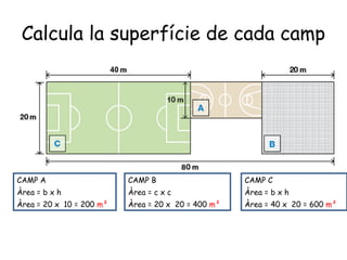 Calcula la superfície de cada camp
CAMP A
Àrea = b x h
Àrea = 20 x 10 = 200 m²
CAMP B
Àrea = c x c
Àrea = 20 x 20 = 400 m²
CAMP C
Àrea = b x h
Àrea = 40 x 20 = 600 m²
 
