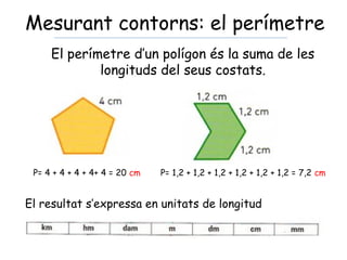 Mesurant contorns: el perímetre
El perímetre d’un polígon és la suma de les
longituds del seus costats.
P= 4 + 4 + 4 + 4+ 4 = 20 cm P= 1,2 + 1,2 + 1,2 + 1,2 + 1,2 + 1,2 = 7,2 cm
El resultat s’expressa en unitats de longitud
 