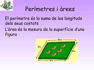 Perímetres i àrees
El perímetre és la suma de les longituds
dels seus costats
L’àrea és la mesura de la superfície d’una
figura
 