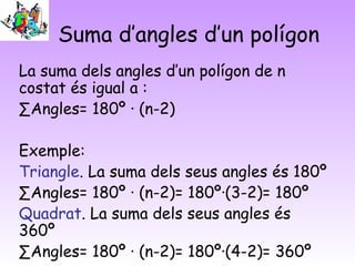 Suma d’angles d’un polígon
La suma dels angles d’un polígon de n
costat és igual a :
∑Angles= 180º · (n-2)
Exemple:
Triangle. La suma dels seus angles és 180º
∑Angles= 180º · (n-2)= 180º·(3-2)= 180º
Quadrat. La suma dels seus angles és
360º
∑Angles= 180º · (n-2)= 180º·(4-2)= 360º
 