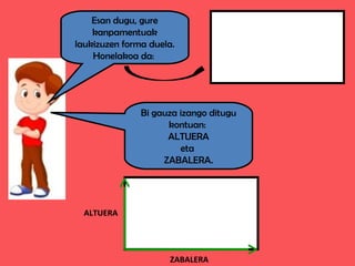 Esan dugu, gure
kanpamentuak
laukizuzen forma duela.
Honelakoa da:
Bi gauza izango ditugu
kontuan:
ALTUERA
eta
ZABALERA.
ALTUERA
ZABALERA
 