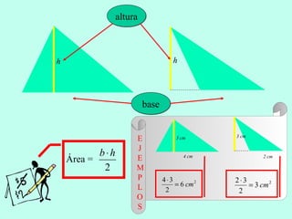 alturaaltura
h h
basebase
Área =
2
hb⋅
3 cm
4 cm
3 cm
2 cm
E
J
E
M
P
L
O
S
2
6
2
34
cm=
⋅ 2
3
2
32
cm=
⋅