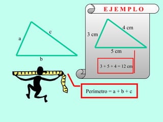 b
a
c
Perímetro = a + b + c
E J E M P L O
5 cm
3 cm
4 cm
3 + 5 + 4 = 12 cm