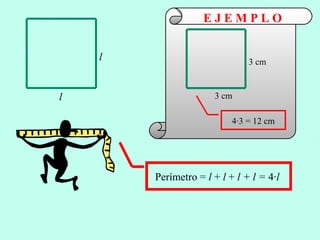 Perímetro = l + l + l + l = 4·l
l
l
3 cm
3 cm
4·3 = 12 cm
E J E M P L O