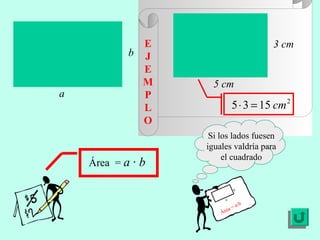 Área = a · b
2
1535 cm=⋅
b
a
Si los lados fuesen
iguales valdría para
el cuadrado
Área = a·b
a
b
3 cm
5 cm
E
J
E
M
P
L
O
 