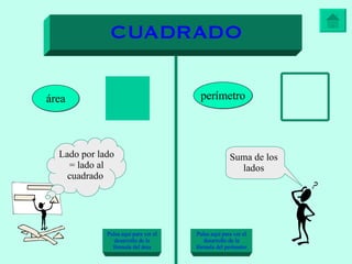CUADRADO área perímetro Pulsa aquí para ver el desarrollo de la fórmula del área Pulsa aquí para ver el desarrollo de la fórmula del perímetro Lado por lado = lado al cuadrado  Suma de los lados 