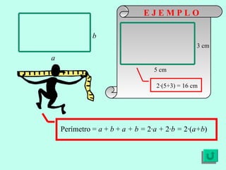 E J E M P L O Perímetro =  a  +  b  +  a + b =  2· a +  2· b =  2·( a+b ) b a 3 cm 5 cm 2·(5+3) = 16 cm 