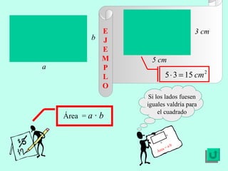 E J E MP L O Área  =  a · b b a Si los lados fuesen iguales valdría para el cuadrado Área = a·b a b 3 cm 5 cm 