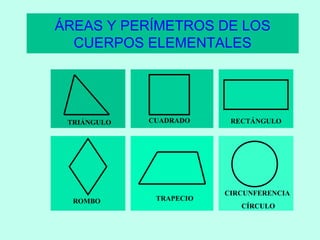 ÁREAS Y PERÍMETROS DE LOS
CUERPOS ELEMENTALES
TRIÁNGULO CUADRADO RECTÁNGULO
ROMBO TRAPECIO
CIRCUNFERENCIA
CÍRCULO
 
