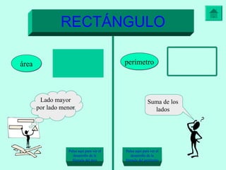 RECTÁNGULO
áreaárea perímetroperímetro
Lado mayor
por lado menor
Suma de los
lados
Pulsa aquí para ver el
desarrollo de la
fórmula del área
Pulsa aquí para ver el
desarrollo de la
fórmula del perímetro
 