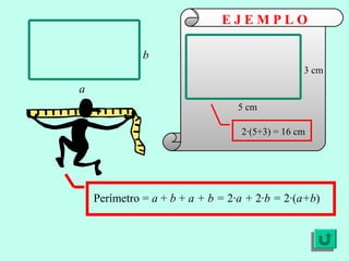 Perímetro = a + b + a + b = 2·a + 2·b = 2·(a+b)
b
a
3 cm
5 cm
2·(5+3) = 16 cm
E J E M P L O
 