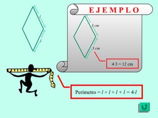 E J E M P L O
Perímetro = l + l + l + l = 4·l
4·3 = 12 cm
l
l
3 cm
3 cm
 