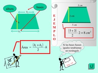 E
J
E
M
P
L
O
Si las bases fuesen
iguales tendríamos
un rectángulo
Área = a·b
a
b
h
alturaaltura
b1
b2
basesbases
5 cm
3 cm
2 cm
Área =
( ) h
bb
⋅
+
2
21
( ) 2
82
2
35
cm=⋅
+
 