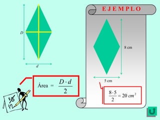 EJEMPLO


D


                            8 cm



    d



             D d   5 cm
    Área =
              2      8 5
                           20 cm 2
                      2
 