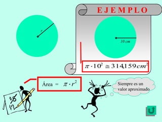 EJEMPLO

r

                         10 cm




                 102   314159 cm2
                          ,

             2
Área =   r              Siempre es un
                        valor aproximado
 
