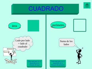 CUADRADO

área                                   perímetro



  Lado por lado                                     Suma de los
    = lado al                                         lados
    cuadrado




             Pulsa aquí para ver el   Pulsa aquí para ver el
                desarrollo de la         desarrollo de la
               fórmula del área       fórmula del perímetro
 