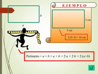 b 
E J E M P L O 
Perímetro = a + b + a + b = 2·a + 2·b = 2·(a+b) 
a 
3 cm 
5 cm 
2·(5+3) = 16 cm 
 