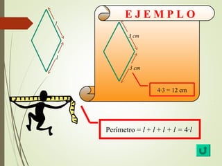 E J E M P L O 
4·3 = 12 cm 
Perímetro = l + l + l + l = 4·l 
l 
l 
3 cm 
3 cm 
 