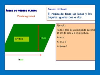ÁREAS DE FIGURAS PLANAS
base
alturaA= b x a
Área del romboide
El romboide tiene los lados y los
ángulos iguales dos a dos.
Ejemplo:
Halla el área de un romboide que mide
15 cm de base y 6 cm de altura.
A=b x a
A= 15 x 6
A= 90 cm2
Paralelogramos
 