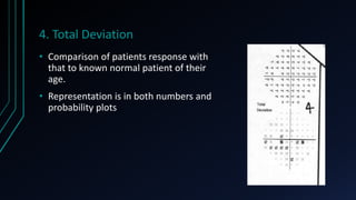 4. Total Deviation
• Comparison of patients response with
that to known normal patient of their
age.
• Representation is in both numbers and
probability plots
 