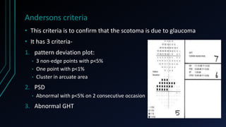 Andersons criteria
• This criteria is to confirm that the scotoma is due to glaucoma
• It has 3 criteria-
1. pattern deviation plot:
• 3 non-edge points with p<5%
• One point with p<1%
• Cluster in arcuate area
2. PSD
• Abnormal with p<5% on 2 consecutive occasion
3. Abnormal GHT
 
