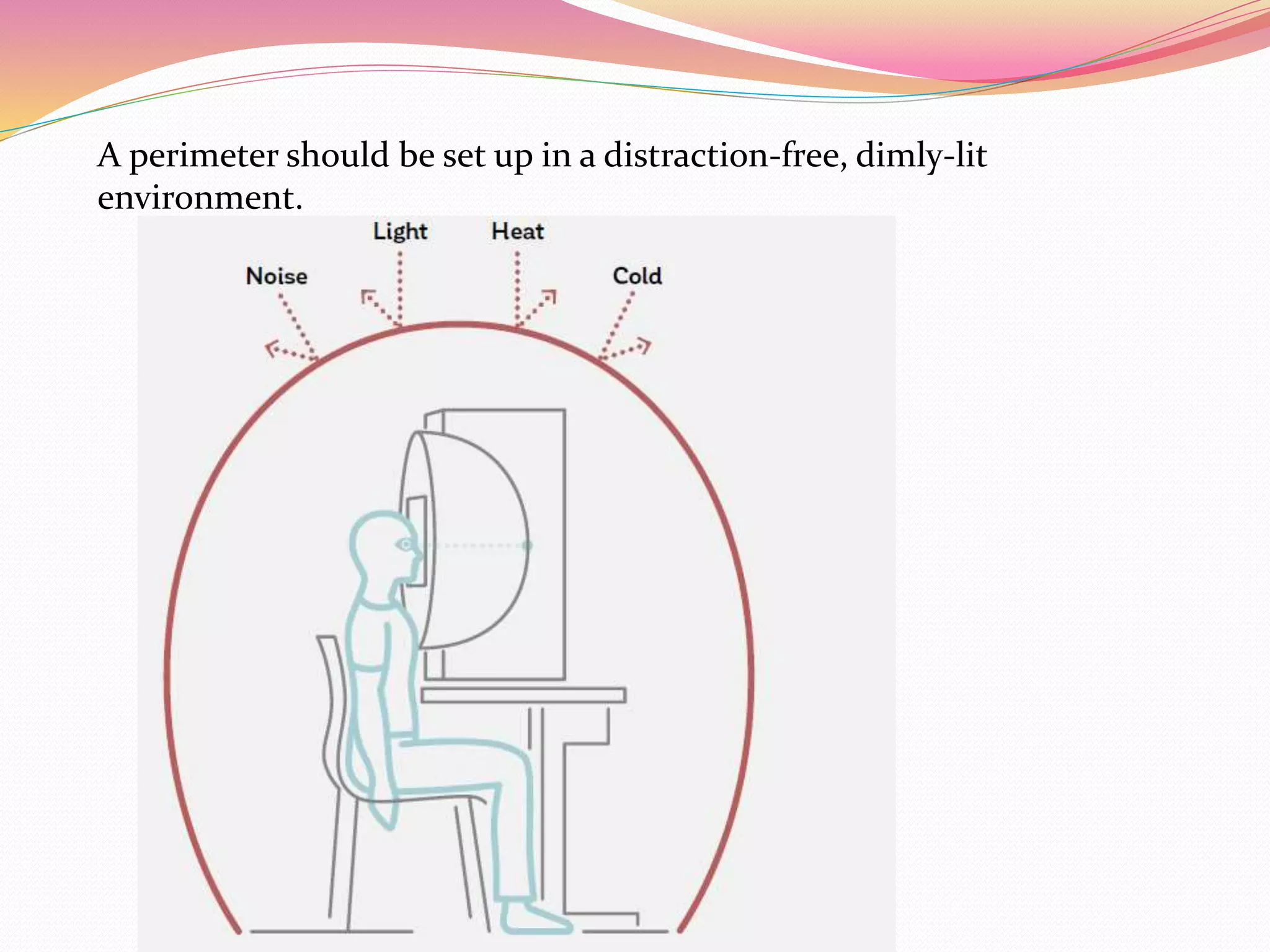 A perimeter should be set up in a distraction-free, dimly-lit
environment.
 