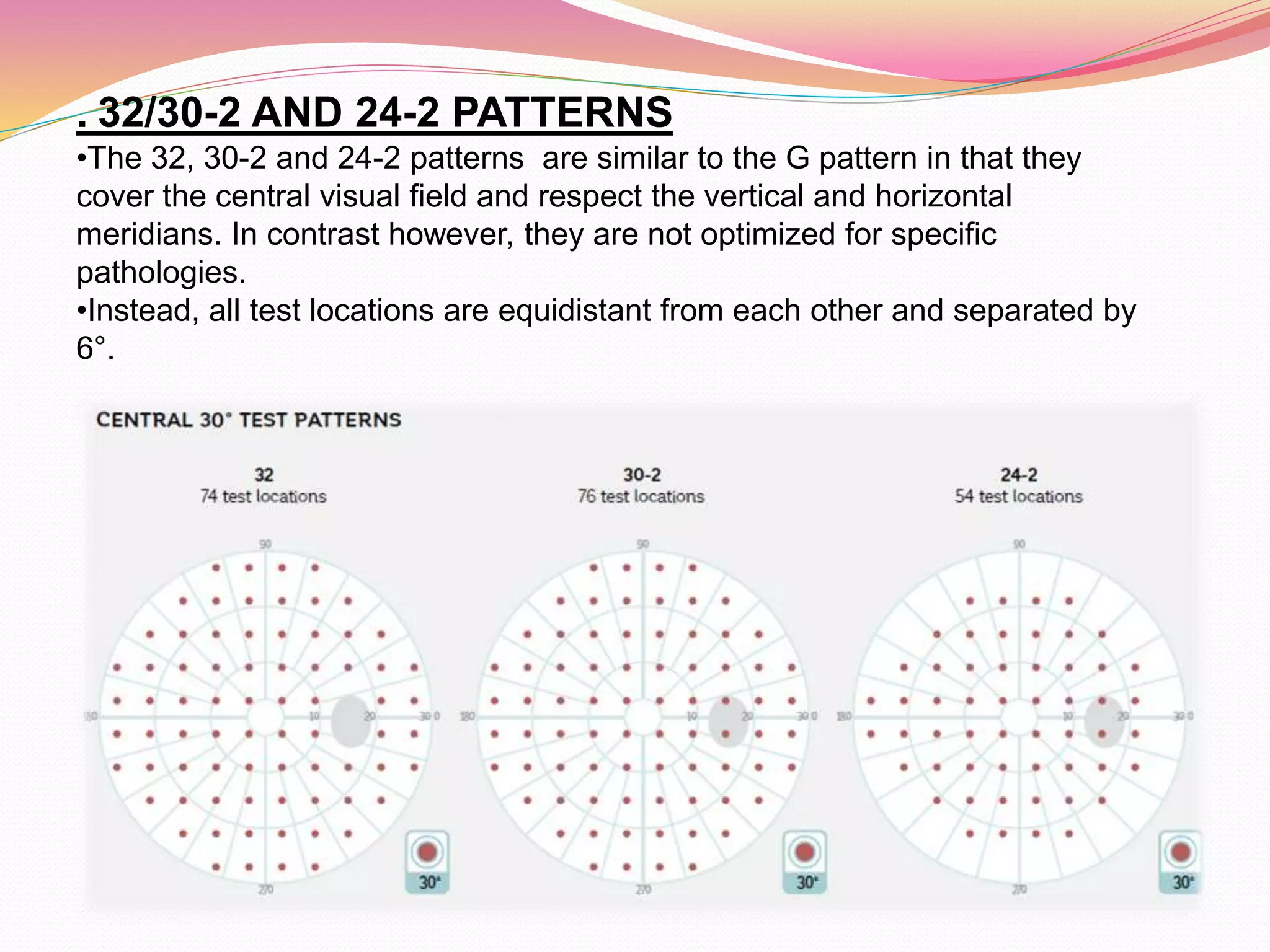 . 32/30-2 AND 24-2 PATTERNS
•The 32, 30-2 and 24-2 patterns are similar to the G pattern in that they
cover the central visual field and respect the vertical and horizontal
meridians. In contrast however, they are not optimized for specific
pathologies.
•Instead, all test locations are equidistant from each other and separated by
6°.
 