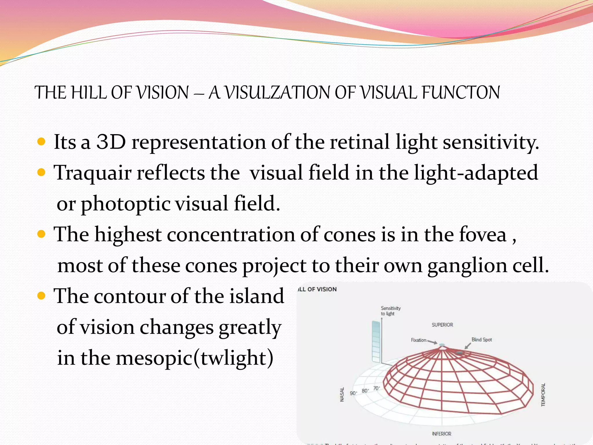 THE HILL OF VISION – A VISULZATION OF VISUAL FUNCTON
 Its a 3D representation of the retinal light sensitivity.
 Traquair reflects the visual field in the light-adapted
or photoptic visual field.
 The highest concentration of cones is in the fovea ,
most of these cones project to their own ganglion cell.
 The contour of the island
of vision changes greatly
in the mesopic(twlight)
 
