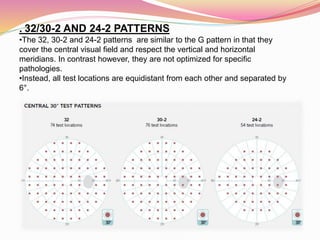 . 32/30-2 AND 24-2 PATTERNS
•The 32, 30-2 and 24-2 patterns are similar to the G pattern in that they
cover the central visual field and respect the vertical and horizontal
meridians. In contrast however, they are not optimized for specific
pathologies.
•Instead, all test locations are equidistant from each other and separated by
6°.
 