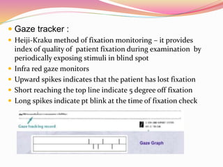  Gaze tracker :
 Heiji-Kraku method of fixation monitoring – it provides
index of quality of patient fixation during examination by
periodically exposing stimuli in blind spot
 Infra red gaze monitors
 Upward spikes indicates that the patient has lost fixation
 Short reaching the top line indicate 5 degree off fixation
 Long spikes indicate pt blink at the time of fixation check
 