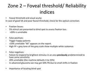 Zone 2 – Foveal threshold/ Reliability
indices
• Foveal threshold and visual acuity:
In case of good VA and poor foveal threshold, check for the optical correction.
• Fixation losses:
- 5% stimuli are presented to blind spot to assess fixation loss.
- >20% is unreliable
• False positives:
- Trigger happy patients
- >33% unreliable “XX” appears on the report.
- High FP = grey tone of the grey scale show multiple white scotomas
• False negatives:
- Failure to respond to brightest stimulus in an area previously predetermined to
have some sensitivity
- 20% unreliable (the machine defaults it to 33%)
- In advanced glaucoma we may get 50% FN due to small shifts in fixation
• Importance of locating blind spot
 