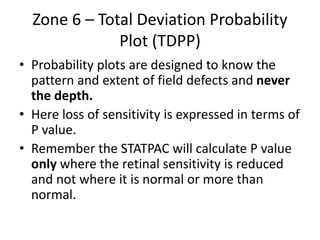 Zone 6 – Total Deviation Probability
Plot (TDPP)
• Probability plots are designed to know the
pattern and extent of field defects and never
the depth.
• Here loss of sensitivity is expressed in terms of
P value.
• Remember the STATPAC will calculate P value
only where the retinal sensitivity is reduced
and not where it is normal or more than
normal.
 