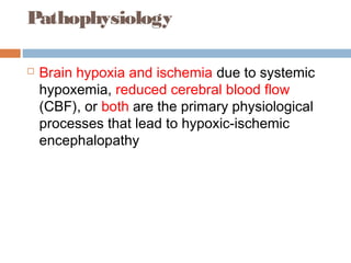 Pathophysiology
 Brain hypoxia and ischemia due to systemic
hypoxemia, reduced cerebral blood flow
(CBF), or both are the primary physiological
processes that lead to hypoxic-ischemic
encephalopathy
 
