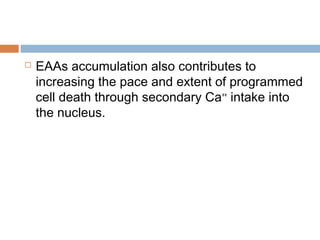  EAAs accumulation also contributes to
increasing the pace and extent of programmed
cell death through secondary Ca++
intake into
the nucleus.
 