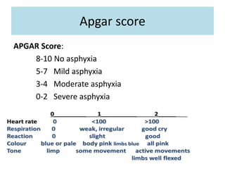 Apgar score
APGAR Score:
8-10 No asphyxia
5-7 Mild asphyxia
3-4 Moderate asphyxia
0-2 Severe asphyxia
 