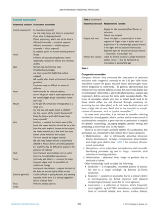Congenital anomalies
European derived data estimates the prevalence of perinatal
mortality with congenital anomaly to be 0.92 per 1000 births
(incidence cannot be given because many miscarriages occur
before pregnancy is conﬁrmed).13
In general, chromosomal and
central nervous system defects account for more fetal deaths due
to termination (where this is allowed) whilst cardiac, urinary and
respiratory defects account for more early neonatal deaths. The
types of anomalies which give rise to infant death tend to be
those which either are not detected through screening (or
screening has not taken place) or do not cause death in utero and
have a high risk of early death due to the anomaly or compli-
cations of treatment, such as cardiac anomalies.14
In cases with anomalies, it is relevant to consider referring
families for clinical genetic advice. A clear and accurate record of
malformations compiled at post mortem examination is helpful
for genetic counselling, arranging targeted genetic testing and
predicting a recurrence risk for the family.
There is no universally accepted system of classiﬁcation, but
anomalies are considered to fall within three main categories:
1. Malformations - due to intrinsically abnormal processes
during development. Includes chromosomal abnormalities
and single gene defects (see Table 7 for common chromo-
somal anomalies).
2. Disruptions - occur when there is interference with normally
developing processes, eg due to drugs, chemicals, viral
infection or ionising radiation.
3. Deformations - abnormal form, shape or position due to
mechanical forces.
Other terminology used includes the following:
 Syndrome e a recognisable, consistent pattern of anoma-
lies due to a single aetiology, eg Trisomy 21/Down
syndrome;
 Sequence e a pattern of anomalies due to a primary defect
in morphogenesis, eg, Potter sequence with classical
morphological features seen due to renal agenesis;
 Association e a collection of features which frequently
occur together, eg VACTERL association, a combination of
three of vertebral defects, anal atresia, cardiac defects,
External examination
Anatomical structure Assessment to consider
Overall assessment Is maceration present?
Are the head, torso and limbs in proportion?
If not what is disproportional?
If limb shortening, which part of the limb is
affected (rhizomelia ¼ proximal segment
affected, mesomelia ¼ middle segment,
acromelia ¼ distal segment)
Is oedema, pallor or muscle wasting present?
Head Shape
Evidence of injury/bruising/forceps marks
(especially intrapartum demise and neonatal
deaths)
Eyes Normal size, symmetrical sizes
Petechial haemorrhages
Are there epicanthic folds? Sub-orbital
creases?
NB eyelids often fused until around 24 weeks
gestation
Coloboma may be difﬁcult to assess in
stillbirth
Nose Probe nostrils for choanal patency
Assess shape of nose-is there depression of
the nasal bridge? Broad columnella? Flared
alar nasi?
Mouth Is the jaw of normal size (micrognathia is a
small jaw)
Are the lips and palate intact or clefted?
Are the corners of the mouth downturned?
Does the tongue protrude? Appear large
(macroglossia)?
Ears Position e examine the lateral view of the
head; the upper insertion should be on a line
from the outer angle of the eye to the occiput,
the lower insertion on a line from the outer
corner of the mouth to the occiput
The ears should be roughly vertical
NB ears may appear low-set or posteriorly
rotated in fetuses below 20 weeks gestation
Ear anatomy may be difﬁcult to assess in the
presence of hydrops
Neck Any structural abnormalities such as cystic
hygroma, broad/webbed appearance
Torso Any body wall defects e examine the edge;
irregular edges raise the possibility of
artefactual change
Any neural tube defects e palpate the back of
the baby to exclude spina biﬁda occulta
External genitalia Can be difﬁcult in young fetuses; any opening
separate to the anus is a strong suggestion
this is a female fetus
Anus Probe to assess patency
Limbs
Table 2 (continued)
Anatomical structure Assessment to consider
Assess for free movement/ﬁxed ﬂexion or
extension
Palmar skin creases
Fingers and toes Count the digits e polydactyly of a short
segment of ﬁnger or toe is easily seen but
duplication of a complete digit may be missed
if the digits are not counted individually
Separate digits to exclude syndactyly (fusion)
e maceration may hamper this
Palmar skin creases Check for normal creases vs single transverse
palmar crease e may be hampered by
maceration or young fetal age
Table 2
MINI-SYMPOSIUM: PAEDIATRIC PATHOLOGY
DIAGNOSTIC HISTOPATHOLOGY 25:9 354 Ó 2019 Published by Elsevier Ltd.
 