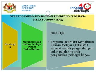 STRATEGI MEMARTABATKAN PENDIDIKAN BAHASA
MELAYU 2016 – 2025
Strategi
5
Memperkukuh
Bahasa Melayu
Dalam
Kokurikulum
Hala Tuju
• Program Interaktif Kemahiran
Bahasa Melayu (PIKeBM)
sebagai wadah pengembangan
bakat pelajar ke arah
penghasilan pelbagai karya.
KEMENTERIAN
PENDIDIKAN
MALAYSIA
 