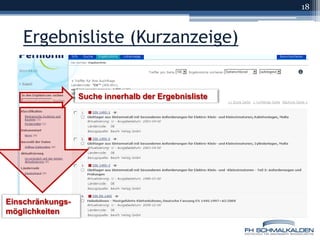 Ergebnisliste (Kurzanzeige)18Suche innerhalb der ErgebnislisteEinschränkungs-möglichkeiten