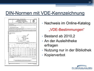 DIN-Normen mit VDE-KennzeichnungNachweis im Online-Katalog„VDE-Bestimmungen“Bestand ab 2010,2An der Ausleihtheke erfragenNutzung nur in der BibliothekKopierverbot31