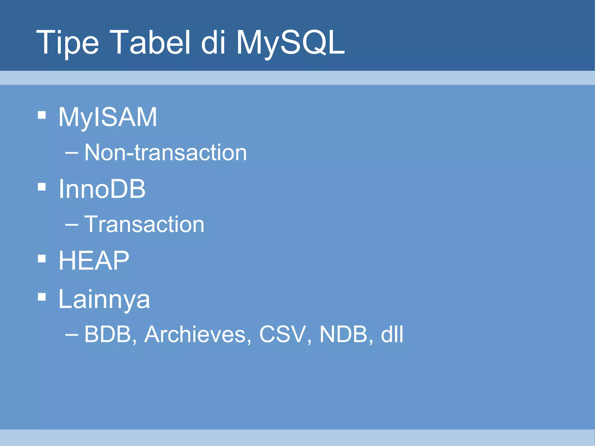 Tipe Tabel di MySQL MyISAM Non-transaction InnoDB Transaction HEAP Lainnya BDB, Archieves, CSV, NDB, dll 